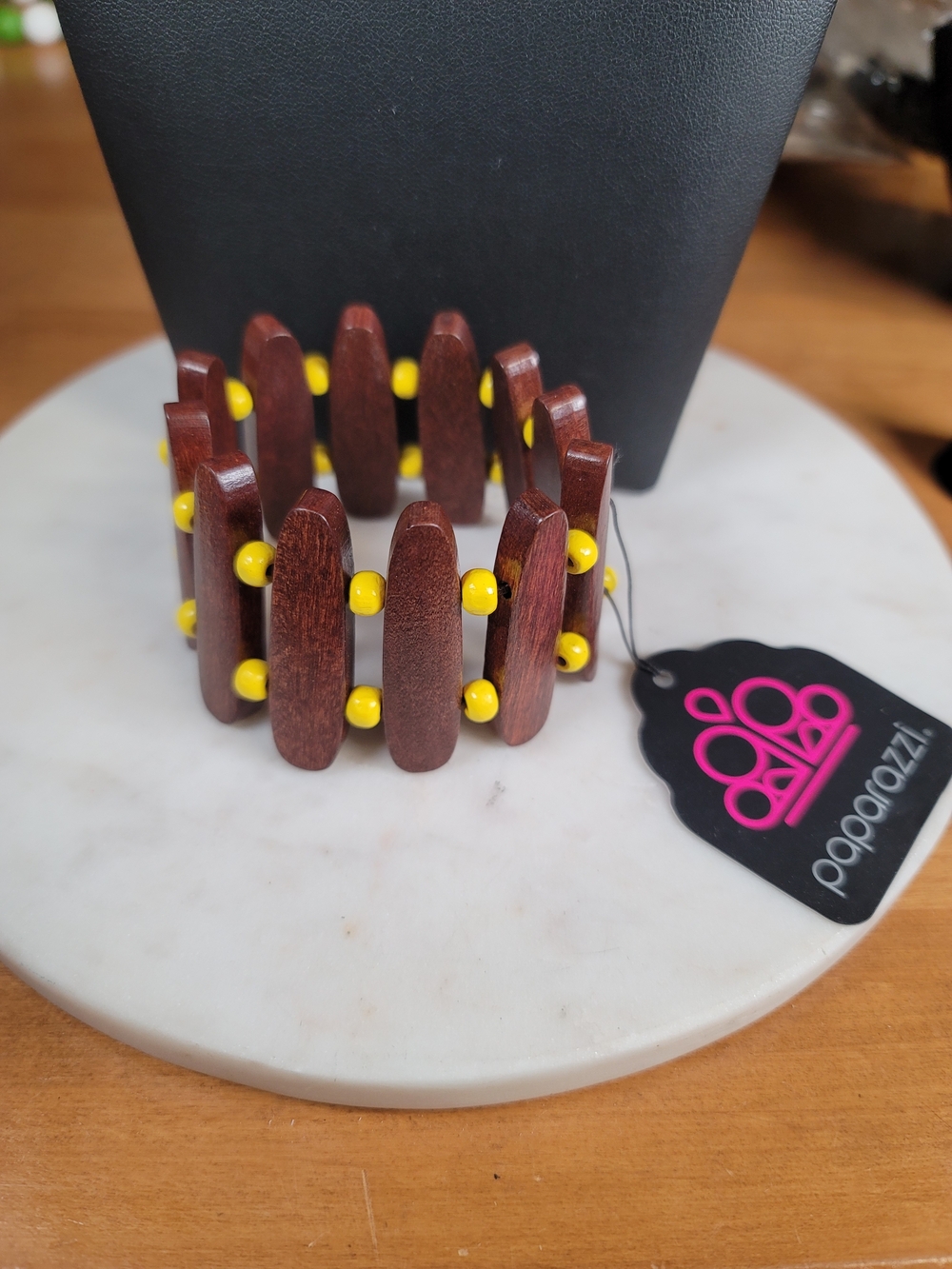 paparazzi Brown Wooden Stretch Bracelet with Yellow Beads